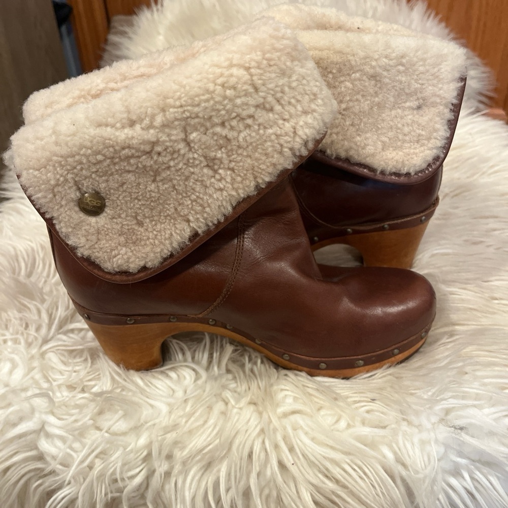UGG Brown Leather Shearling Fold-Over Clog Boots